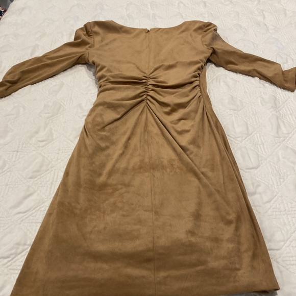 Kay Unger Tan Micro Suede Midi Dress- Faux wrap with decorative side zipper - Picture 14 of 15